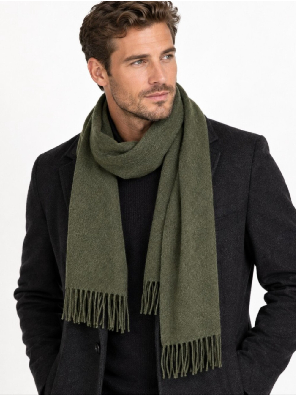 John Hanly Ireland 100% Cashmere Men's Fringe Scarf Olive Green